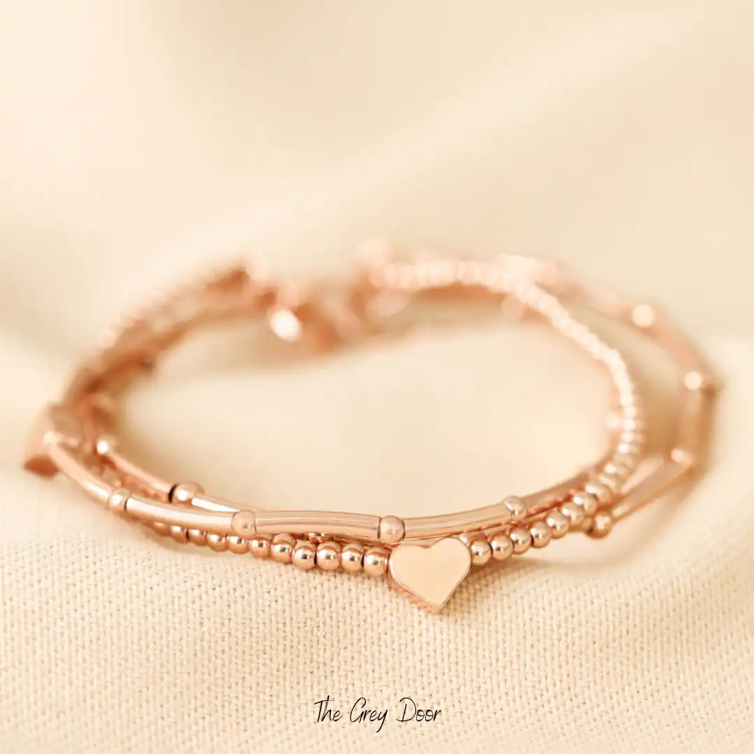 Heart Beaded Triple Layered Bracelet in Rose Gold